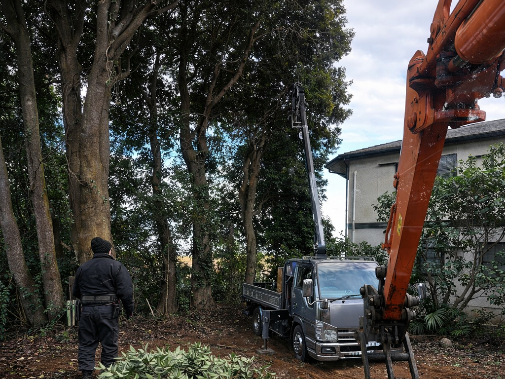 高所作業車を使った高木伐採作業の様子