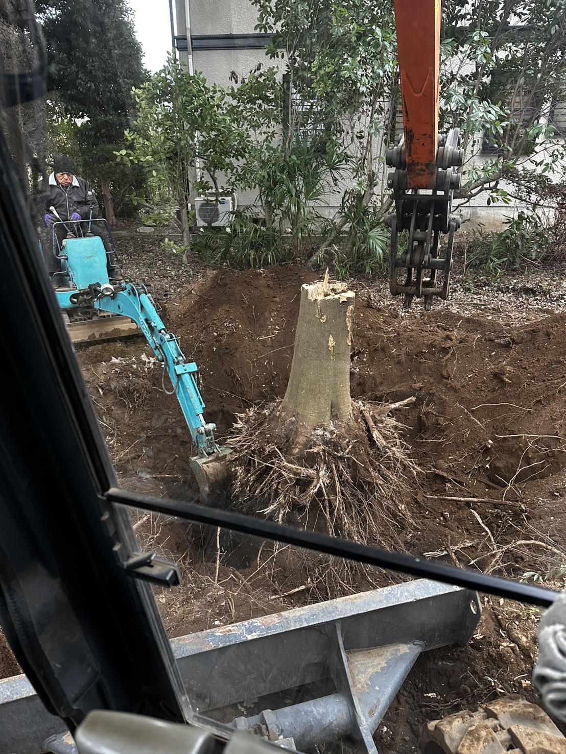 重機を使った抜根作業の施工写真