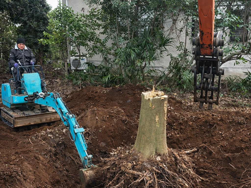 重機を使った切り株の抜根作業の様子